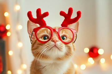 Cute ginger cat wearing red antler glasses – concept for holiday pets, Christmas decor, and festive mood, 