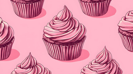 Seamless cupcake pattern featuring colorful desserts like chocolate and strawberry, perfect for a birthday or celebration theme