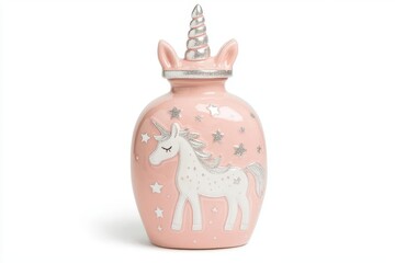Charming pink unicorn vase featuring a whimsical design with a unicorn and stars, perfect for children's decor or gifts.