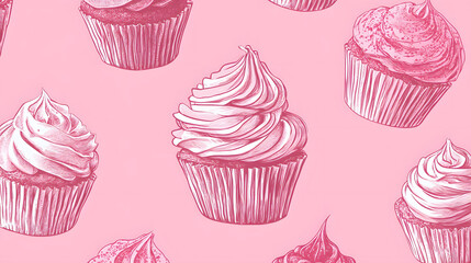 Seamless cupcake pattern featuring colorful desserts like chocolate and strawberry, perfect for a birthday or celebration theme