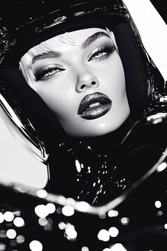 black and white super model on motorcycle, artistic style, fashion poser, fashion editorial photo.
