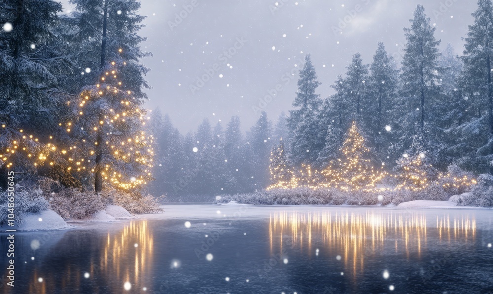 Poster an elegant winter landscape with gently falling snowflakes over a frozen lake, surrounded by frosty 