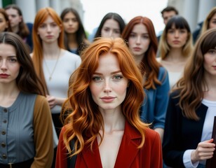 Obraz premium Confident Woman with Red Hair in Crowd of People Portrait Photography