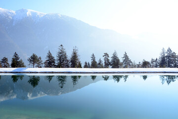 Obraz premium A panoramic view of a winter unfrozen lake in front of mountains and a row of trees. Picturesque sunny winter landscape