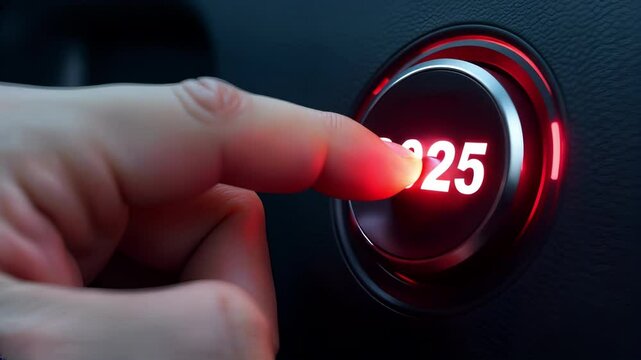 Finger is about to press the ignition button of the car with the text 2025 start. Beginning of the new 2025.
