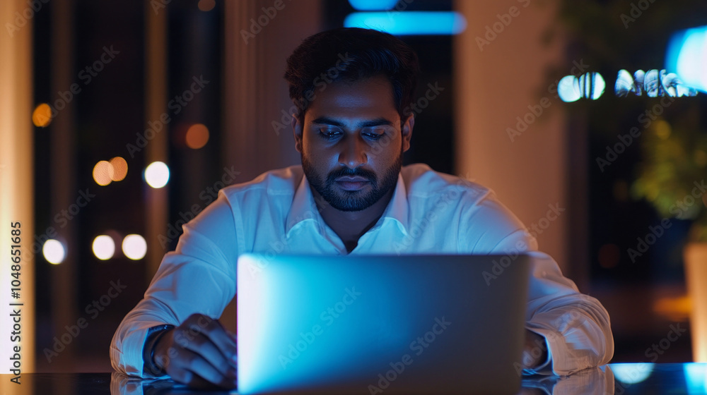 Poster A man is sitting at a table with a laptop open in front of him