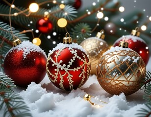 Festive Christmas Ornaments with Snow Lights and Pine Branches