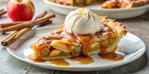 A slice of warm apple pie with a scoop of vanilla ice cream and a drizzle of caramel sauce