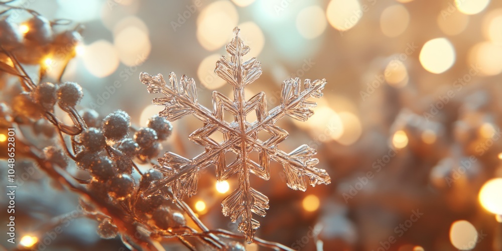Poster an artistic 3d representation of a snowflake ornament, surrounded by soft bokeh lights, enhancing th
