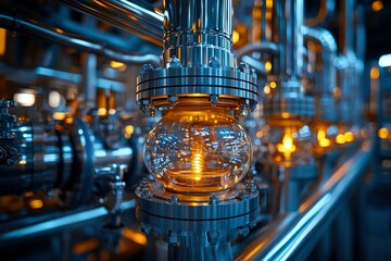 Close-up of a Glass Vessel in a Complex Industrial Setting