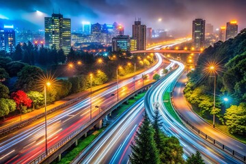 Obraz premium Nighttime Highway in the City with Long Exposure, Reflections on Wet Foggy Road