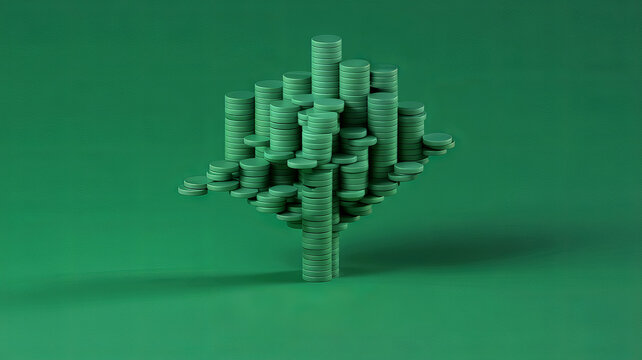 Green coins arranged to resemble a tree on a green background.