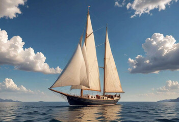 Fototapeta premium An illustration of a sailboat sailing on a calm sea against a clear sky. The scene symbolizes freedom, travel and harmony with nature