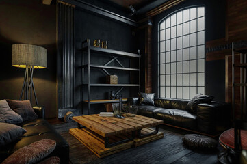 Industrial style of dark living room interior, 3d render
