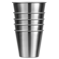 Stack of five stainless steel cups on a white background, ideal for outdoor events or parties.