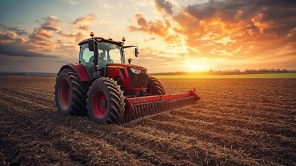 Fototapeta premium Tractor in a field plowing the ground at dawn, sowing grain under a beautiful sunrise, capturing the serenity of agricultural life with vibrant colors and high-quality detail