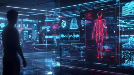 Virtual Health Assistant Analyzing Patient Records on Futuristic Medical Technology Interface