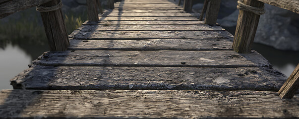 A close-up view of an old wooden bridge with aged, weathered planks showing natural textures and wear