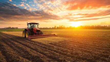 Fototapeta premium Tractor plowing fertile fields at dawn, sowing grain under a stunning sunrise, capturing the essence of farming life and agricultural practices in a serene rural landscape