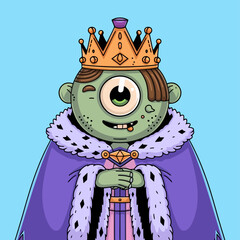 Cartoon cyclops king with a crown and royal attire.