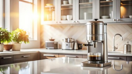 A stainless steel coffee maker sits on a kitchen counter, ready to brew a delicious cup of coffee, with a glass of freshly brewed coffee in the foreground.