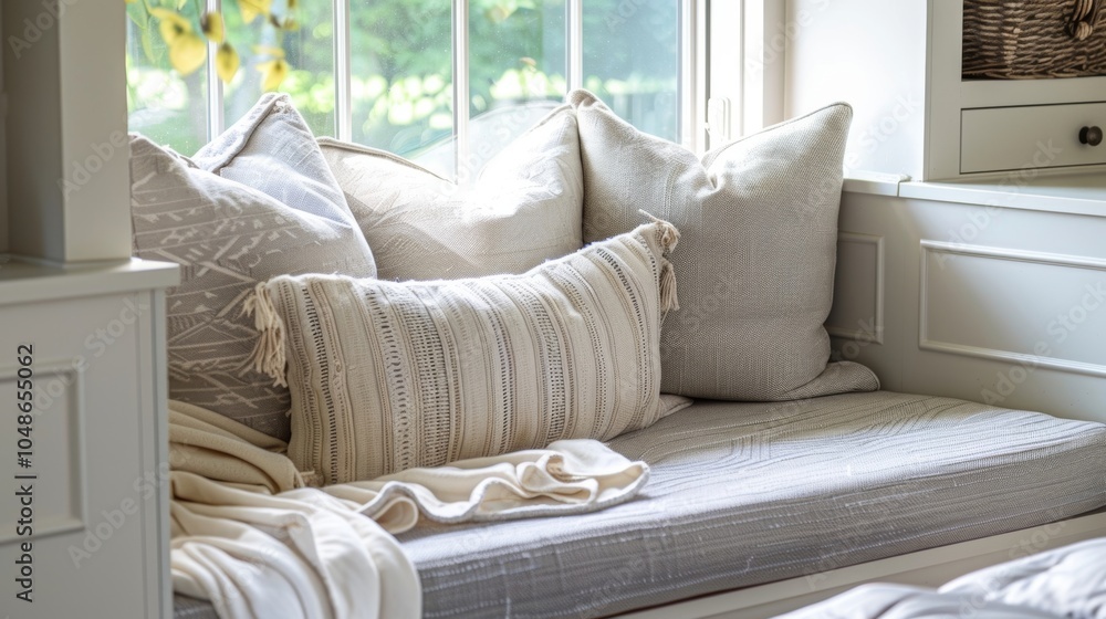 Poster an inviting loft reading space featuring a cushioned window seat and soft muted tones.