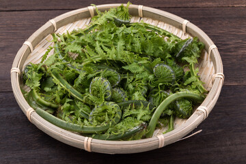 ザルの上のコゴミのアップ