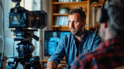 Fototapeta premium Man Being Interviewed With a Camera in Front of Him