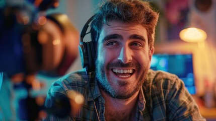 Obraz premium Close-up of a man laughing while wearing headphones