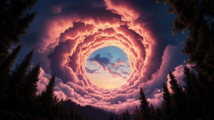 A swirling vortex of color fills the sky as the sun dips below the horizon, revealing a fantastical landscape beyond the clouds.