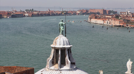 View of the Giudecca Canal from the bell tower of San Giorgio Maggiore church. The canal separates Giudecca Island from the Dorsoduro district.