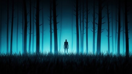 Fototapeta premium A shadowy figure stands at the edge of a dark forest, its face hidden in the gathering shadows, its eyes glinting with an unsettling intensity.