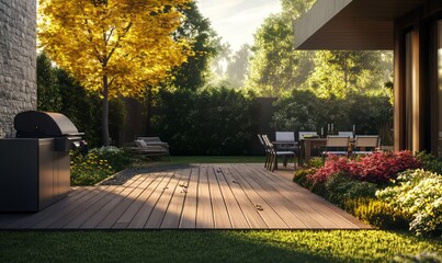 Relaxing backyard with a wooden deck and barbecue grill perfect for summer gatherings and outdoor cooking with family and friends