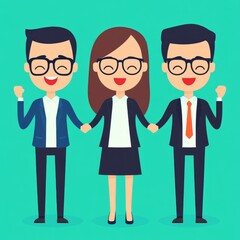 Obraz premium Three cheerful cartoon characters celebrating together, holding hands.