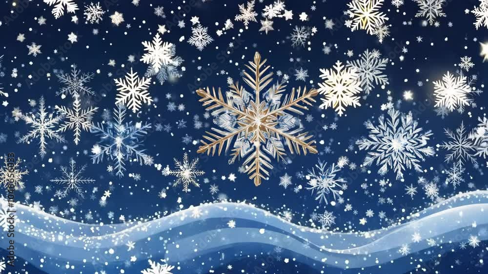 Poster a blue background with snowflakes and a snowflake in the center. the snowflakes are falling from the