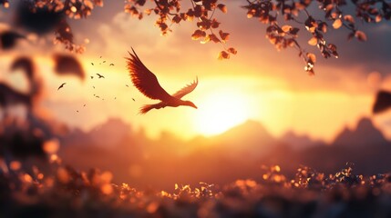 Fototapeta premium A mythical creature takes flight, its wings catching the last rays of the sun as it soars across the fantastical landscape.