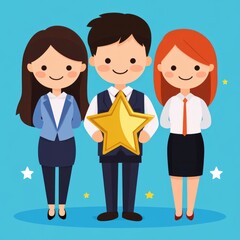 Fototapeta premium Three cartoon characters celebrating success with a star trophy.