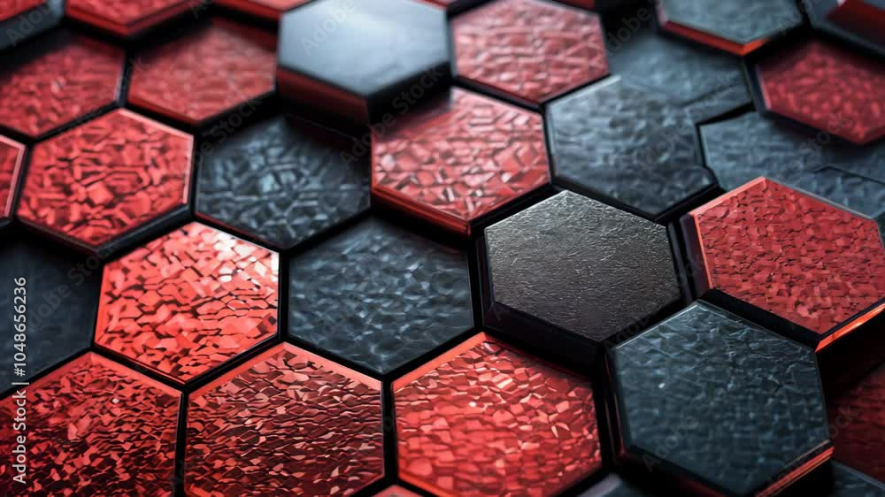 Poster a close up of a red and black hexagon pattern. the red and black colors are bold and contrasting, cr