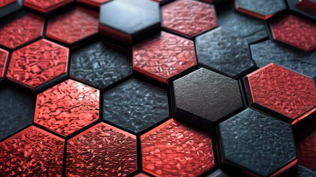A close up of a red and black hexagon pattern. The red and black colors are bold and contrasting, creating a sense of energy and excitement. The pattern is made up of many small hexagons