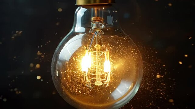 A light bulb is glowing brightly and is hanging from a cord. The light bulb is a vintage style bulb and is emitting a warm, yellow light. The cord is made of metal and is hanging from the ceiling
