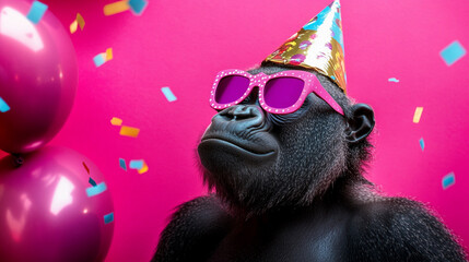 Party animal! Colorful photo of funny, happy gorilla on pink / fuchsia background. Balloons, confetti, happy mood. Birthday / New Year celebration horizontal banner