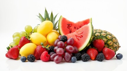 A high-resolution image showcases a variety of fruits that do not grow on trees, artfully arranged on a surface.