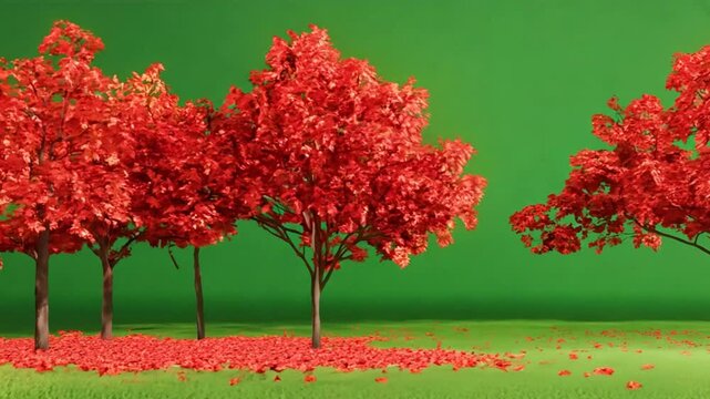Red Autumn Trees on Green Screen: A captivating visual with a row of vibrant red trees against a bright green screen, perfect for compositing and creating evocative landscapes.  