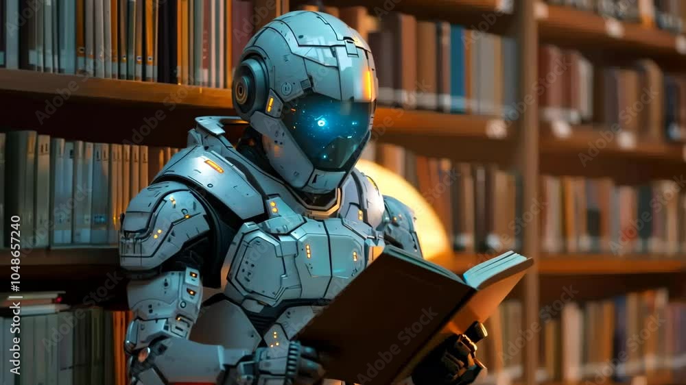 Poster a robot is reading a book in a library. the robot is wearing a white suit and has a blue helmet. the