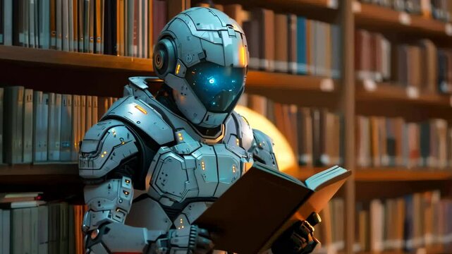 A robot is reading a book in a library. The robot is wearing a white suit and has a blue helmet. The robot is standing in front of a bookshelf filled with books