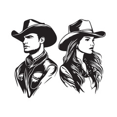 Black and White Vector Illustration of Cowboy and Cowgirl Isolated on White Background