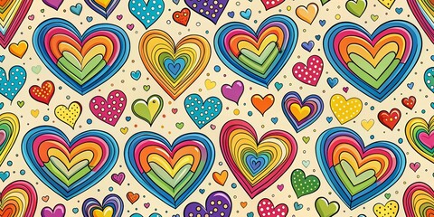 Fototapeta premium Rainbow Hearts Pattern for Valentine's Day Celebrations – Colorful Doodle Design for Fashion and Home Decor