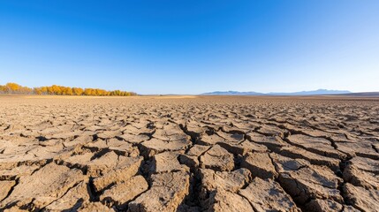 Fototapeta premium A barren landscape shows cracked earth under a clear blue sky, highlighting drought or arid conditions in a natural environment.