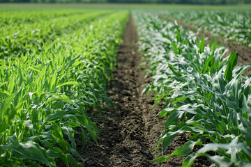 Naklejka premium Corn Field Rows: A Lush Green Landscape