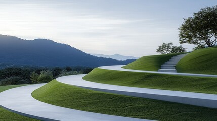 Obraz premium A modern landscape featuring rolling green hills and pathways, set against a serene mountain backdrop under a clear sky.